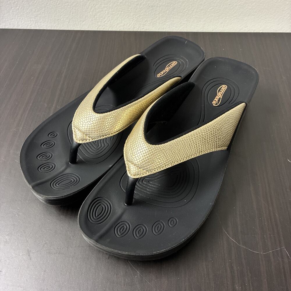 Aerothotic Women’s Flip Flops Black Gold Comfort Orthotic Sandals Sz 39/US 8-8.5